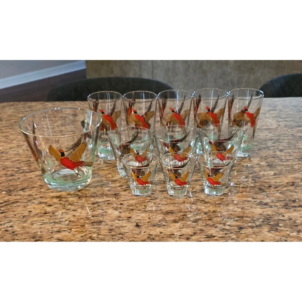 Vintage Pheasant Glassware Set 12pc Ice Bucket Highball Rocks Shot Glasses MCM